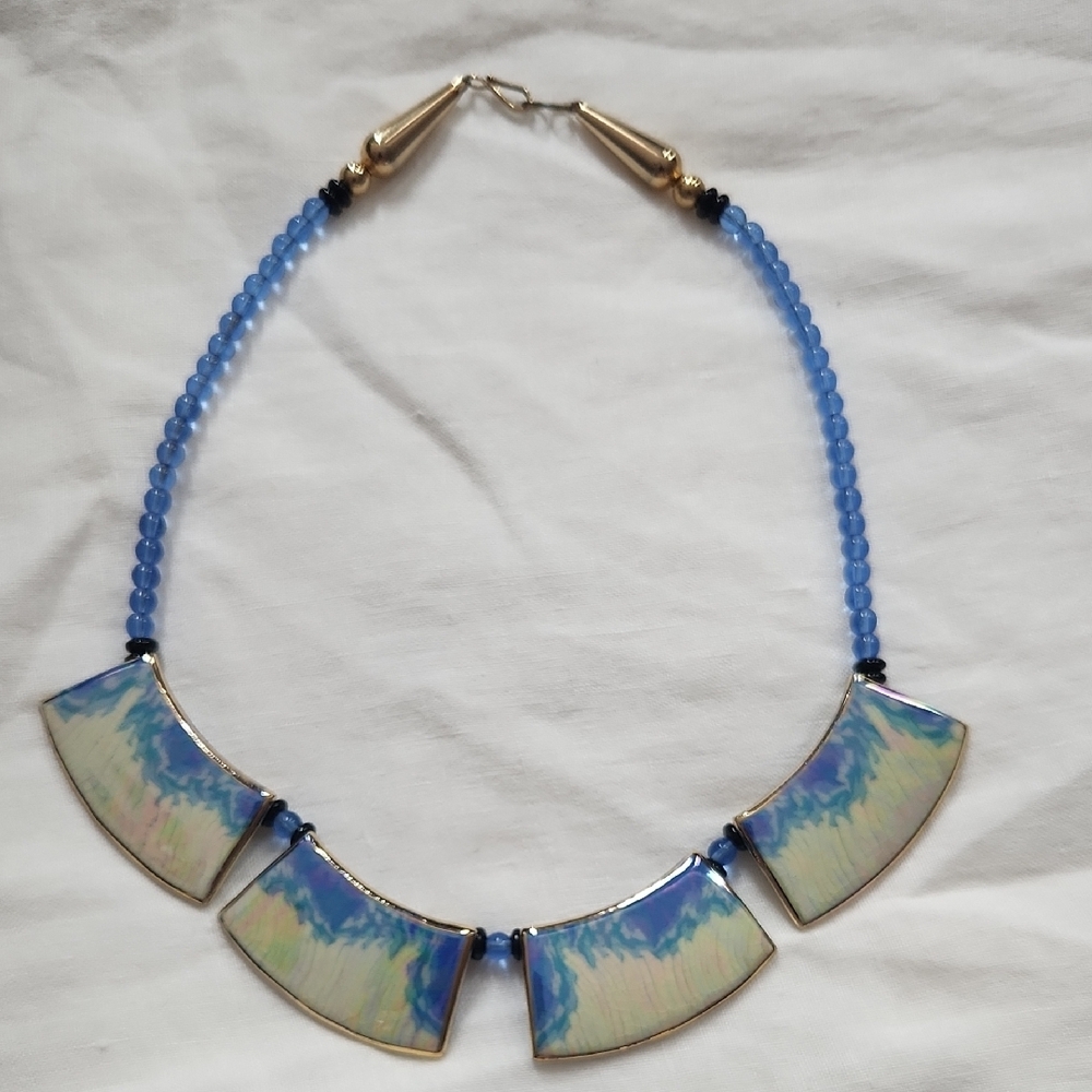 Blue and Gold Beaded Necklace with Organic Centerpiece